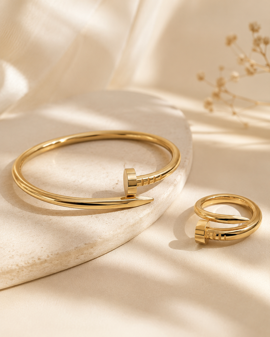 Minimalist Gold Nail Bracelet & Adjustable Nail Ring Set for Women