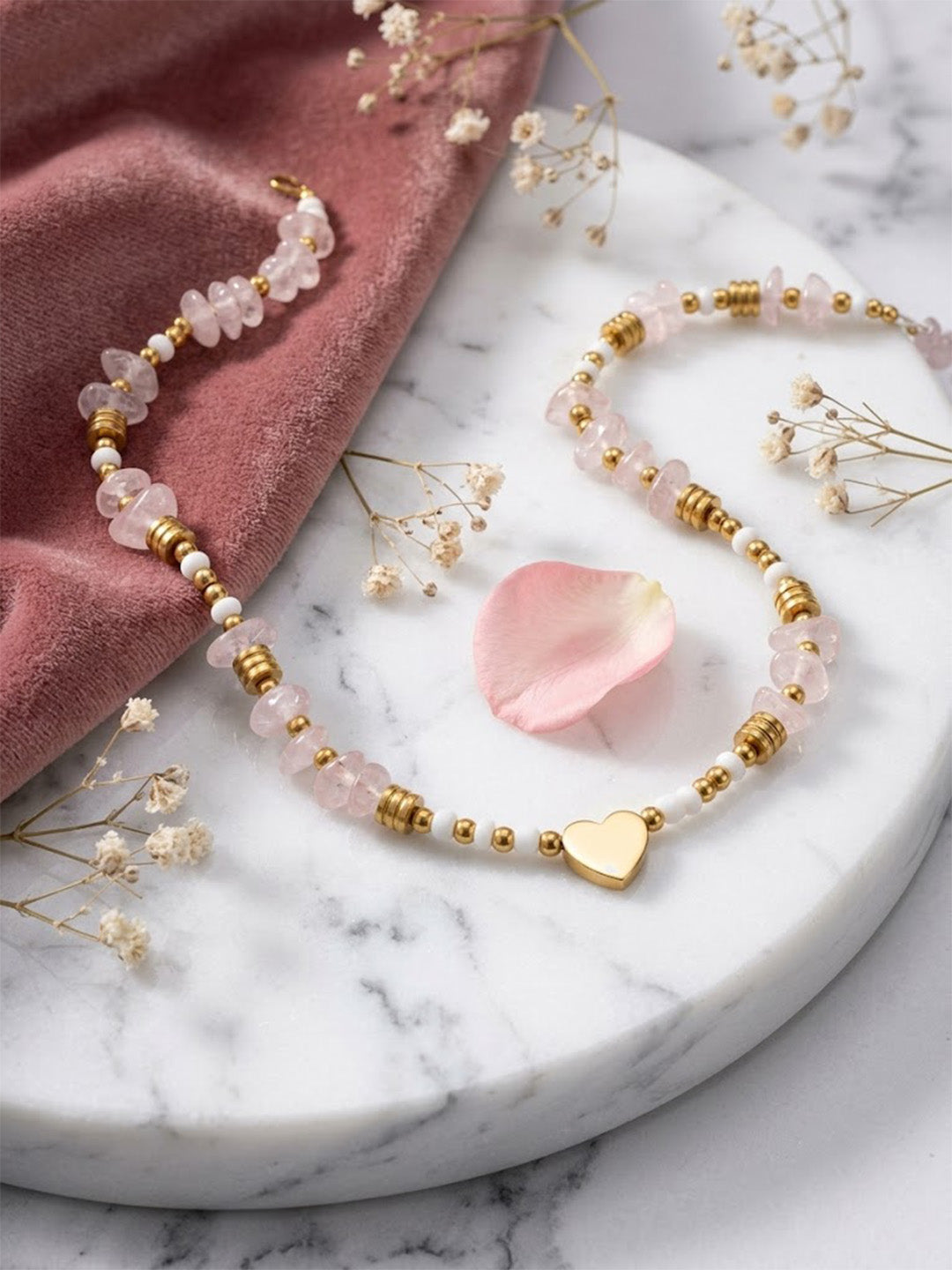 Natural Light Pink Quartz Crystal Chip Anklet with Gold Heart Charm – Waterproof Beachwear