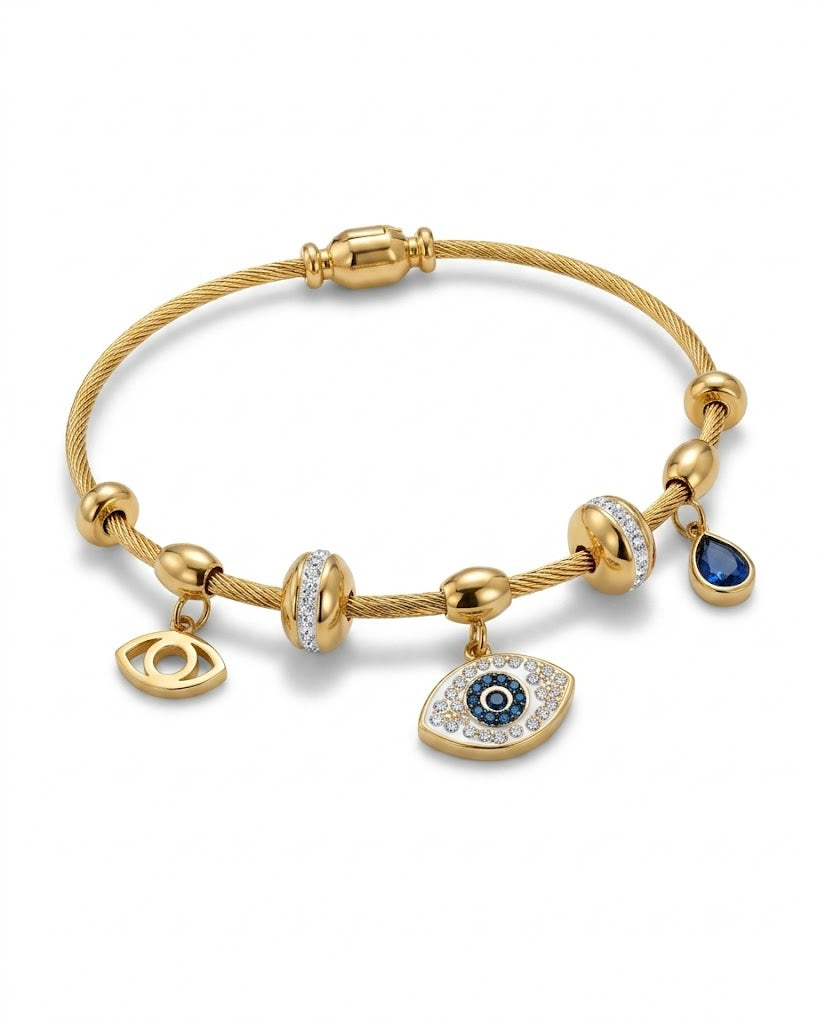 18K Gold Plated Evil Eye Twisted Wire Bracelet, Sparkling Blue Crystal Protection Bangle for Women