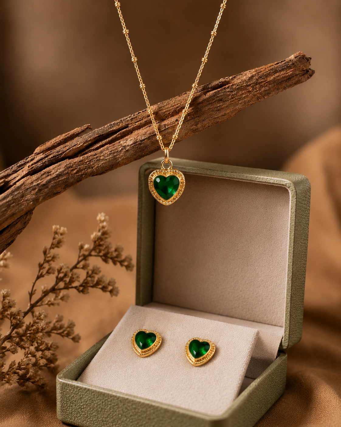Emerald Green Heart Pendant Necklace & Earrings Set for Women | Gold-Plated Crystal Jewelry Set