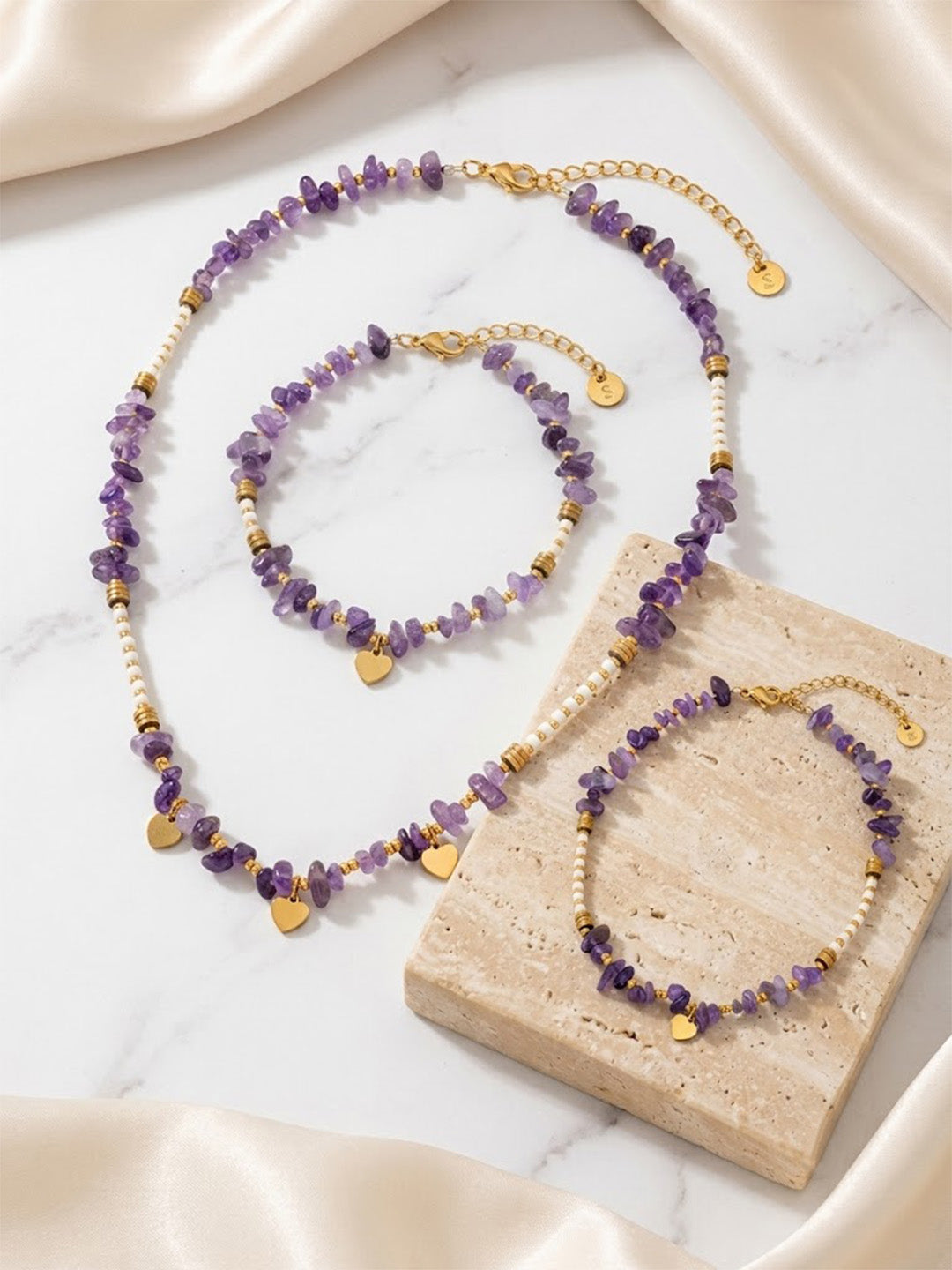 Prifine amethyst heart charm jewelry set with gold-plated necklace, bracelet, and anklet featuring natural stones and anti-tarnish finish