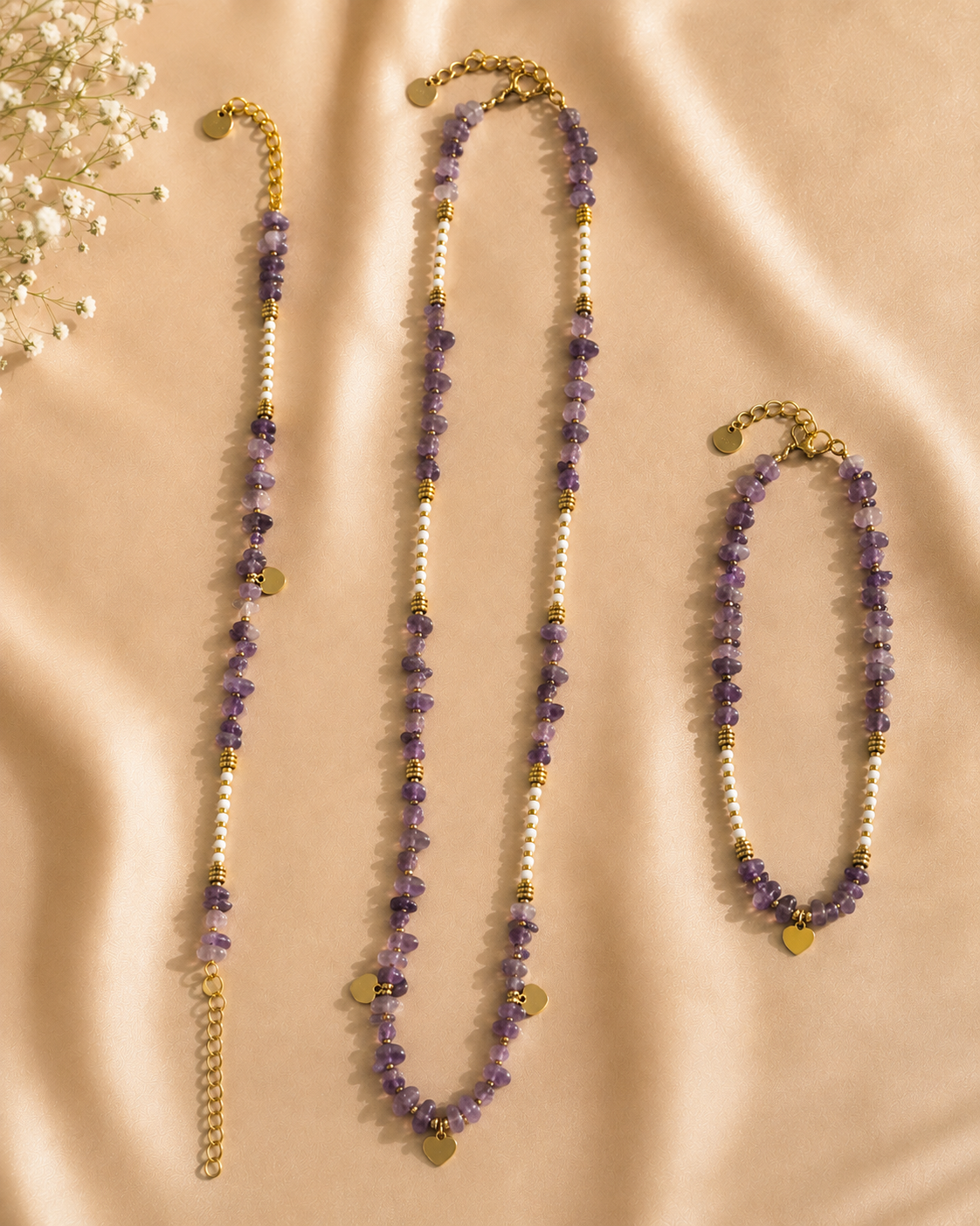 Amethyst Heart Charm Jewelry Set – Natural Stone Necklace, Bracelet & Anklet | Gold-Plated | Anti-Tarnish | Waterproof