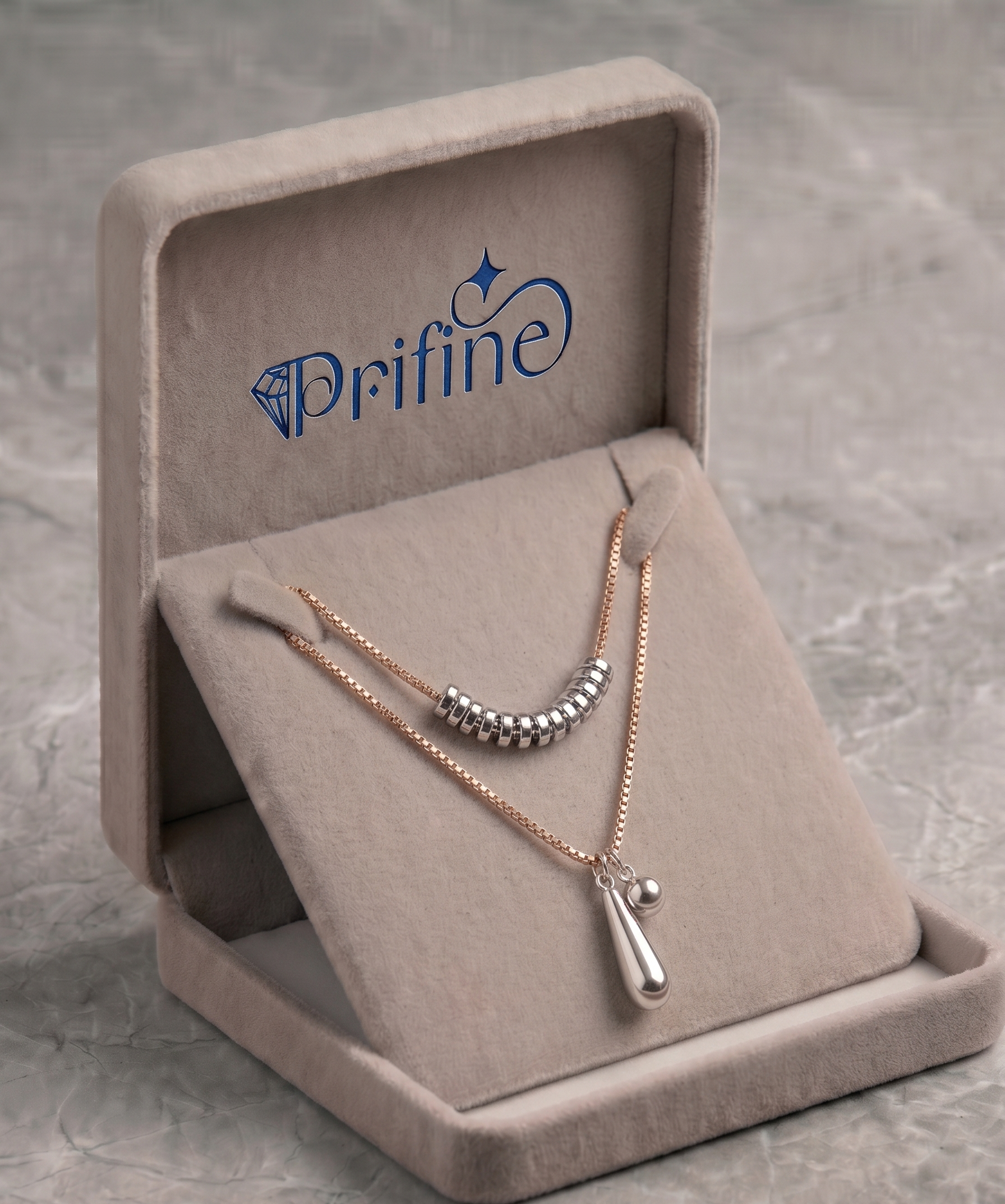 Rose gold Venetian chain by Prifine featuring silver-tone geometric pendants on a delicate jewelry strand.