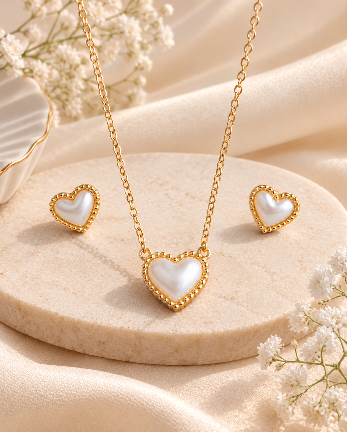 Gold Heart Necklace & Stud Earrings Set with White Pearl Accent | Elegant Gold-Plated Jewelry for Women