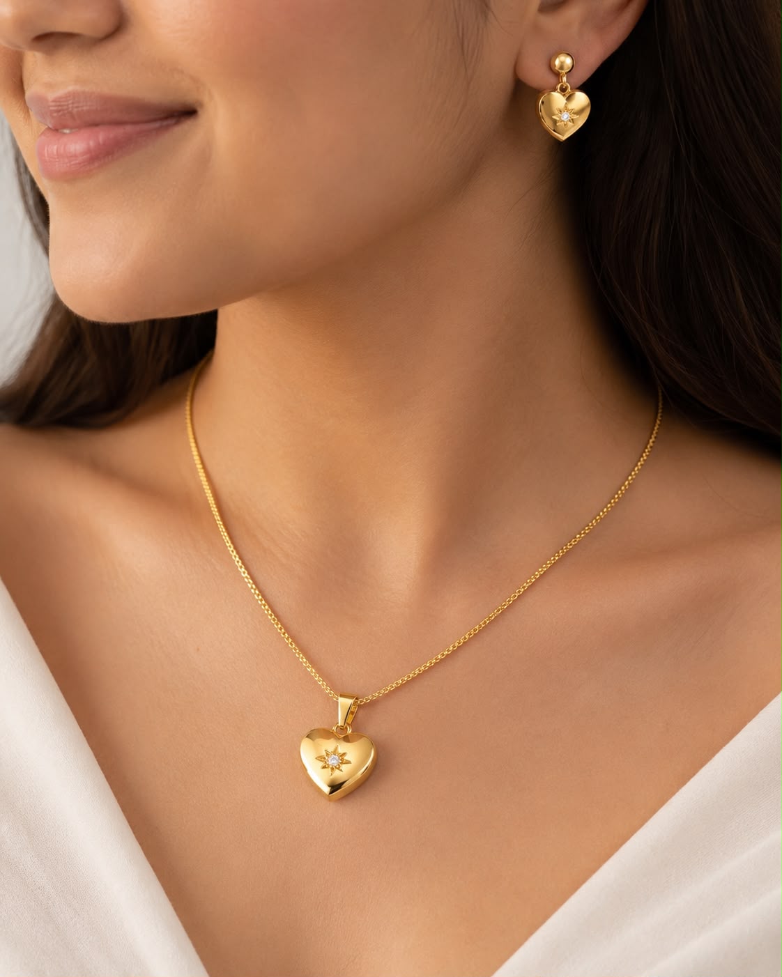 Luxury Gold Heart Pendant Necklace & Earrings Set for Women | Gold-Plated Crystal Jewelry Set