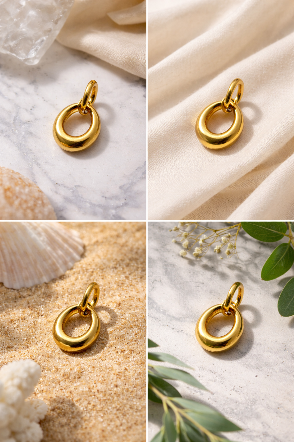 Prifine gold hoop drop earring with sleek, circular design and hanging drop style, perfect for elegant jewelry collection.