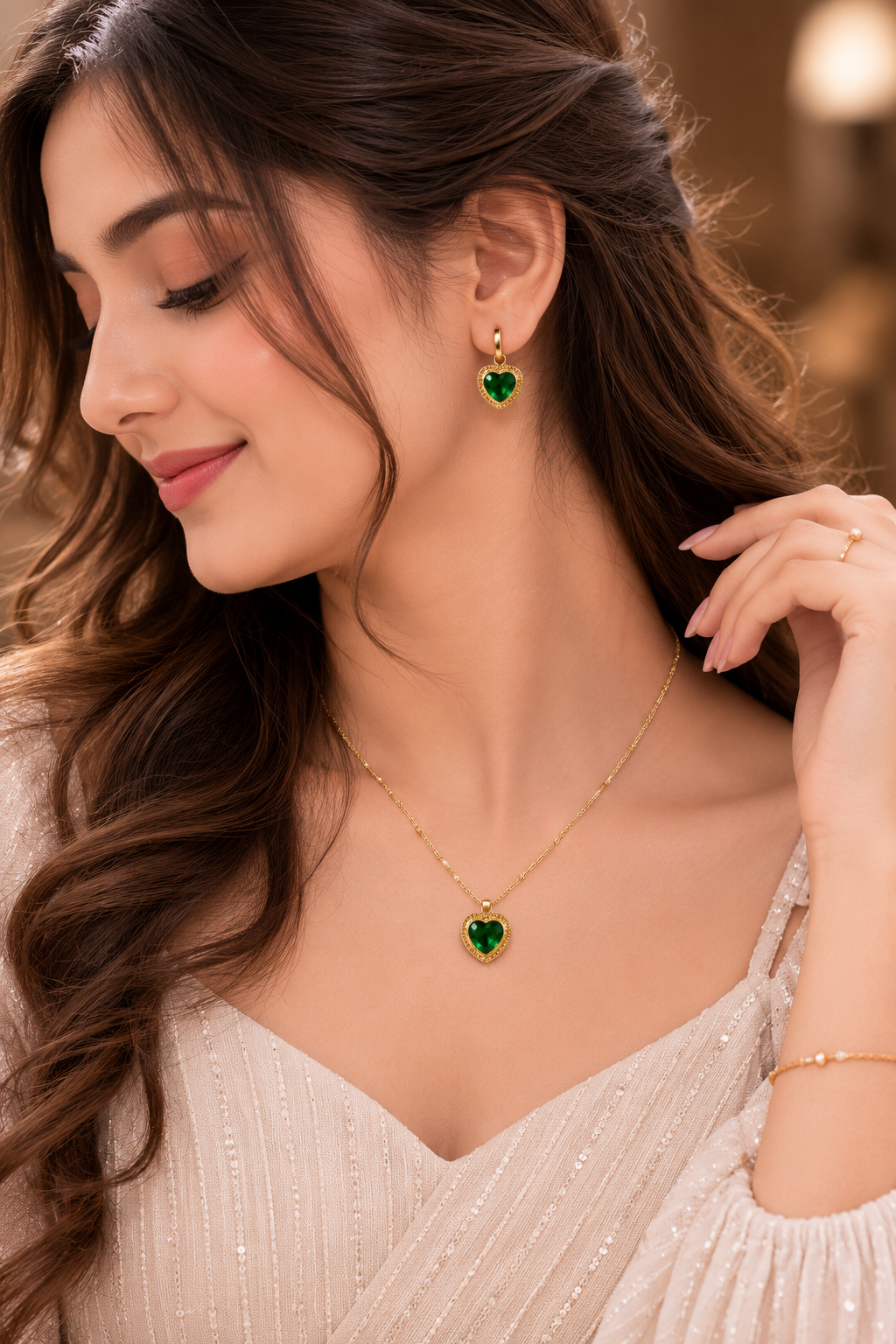 Emerald Green Heart Pendant Necklace & Earrings Set for Women | Gold-Plated Crystal Jewelry Set