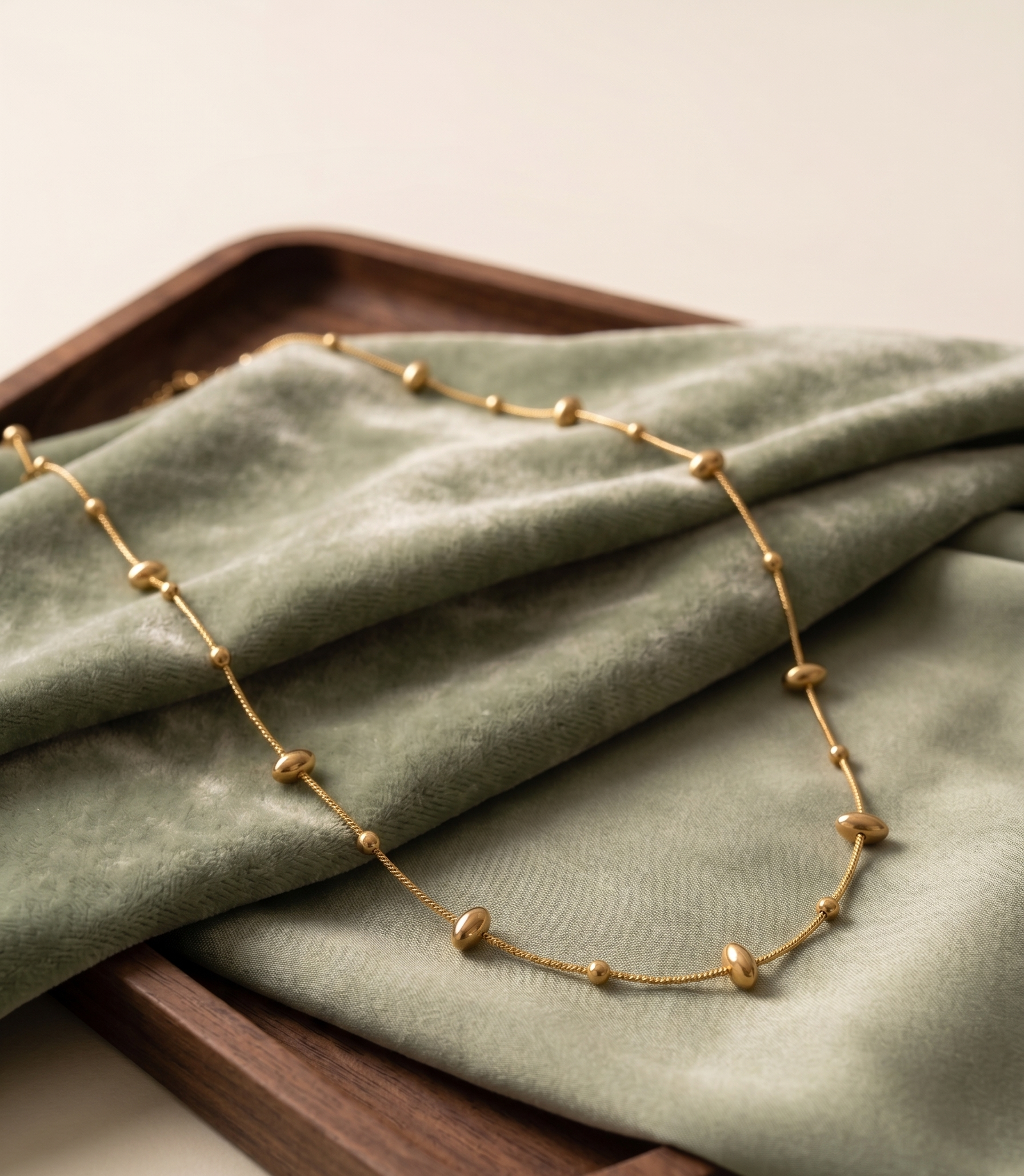 Prifine minimalist gold pebble bead chain necklace with small rounded beads on a delicate chain.