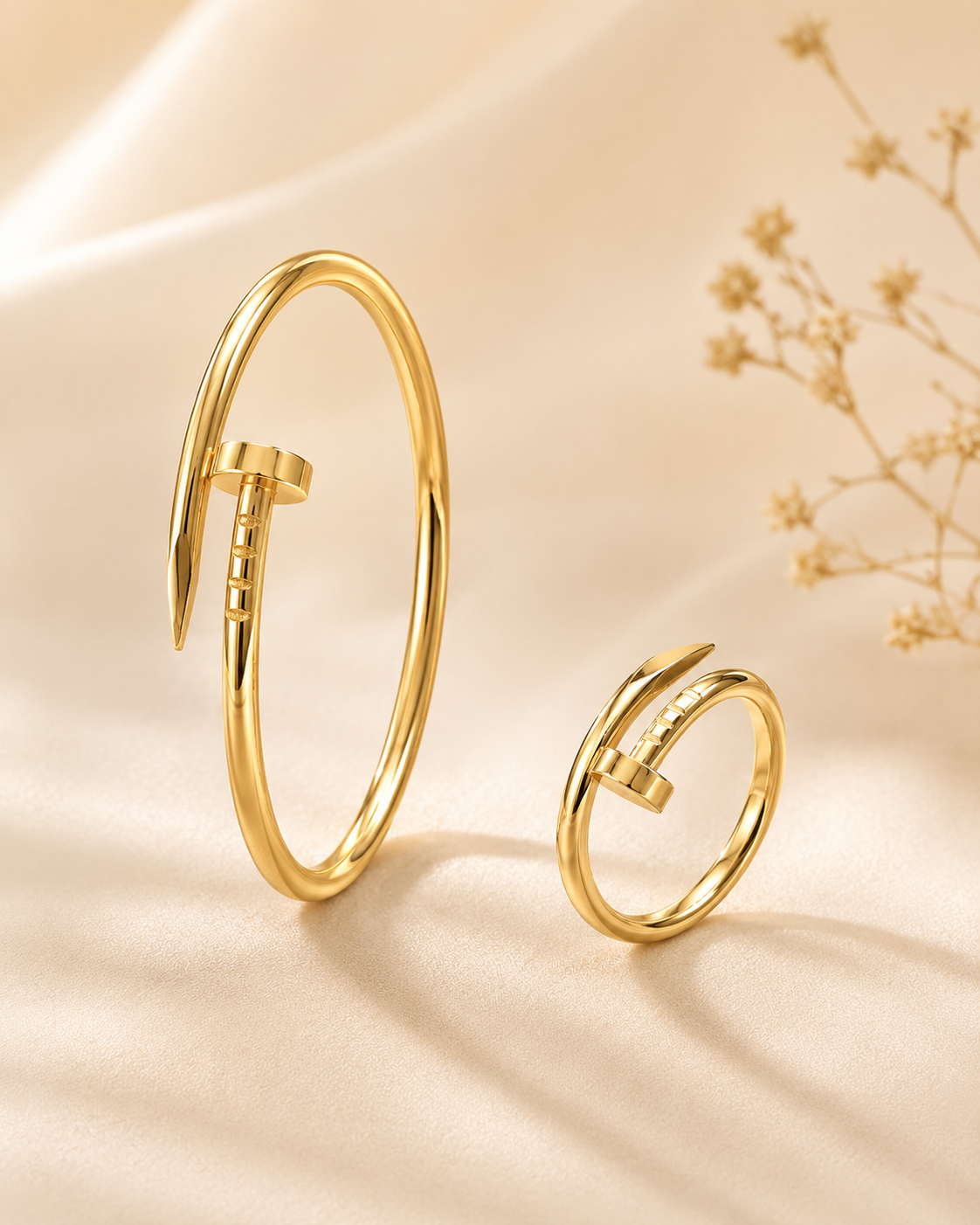Minimalist Gold Nail Bracelet & Adjustable Nail Ring Set for Women