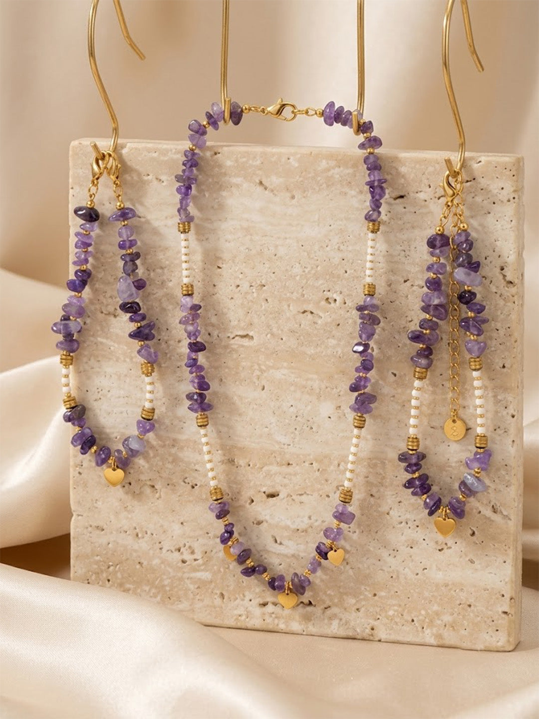 Prifine amethyst heart charm jewelry set with gold-plated necklace, bracelet, and anklet featuring natural stones and waterproof design.