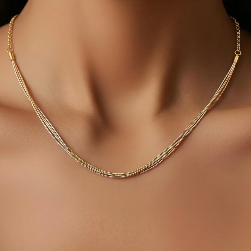 Prifine 18k gold plated tri-tone multi-strand liquid chain necklace with layered design and shiny finish.