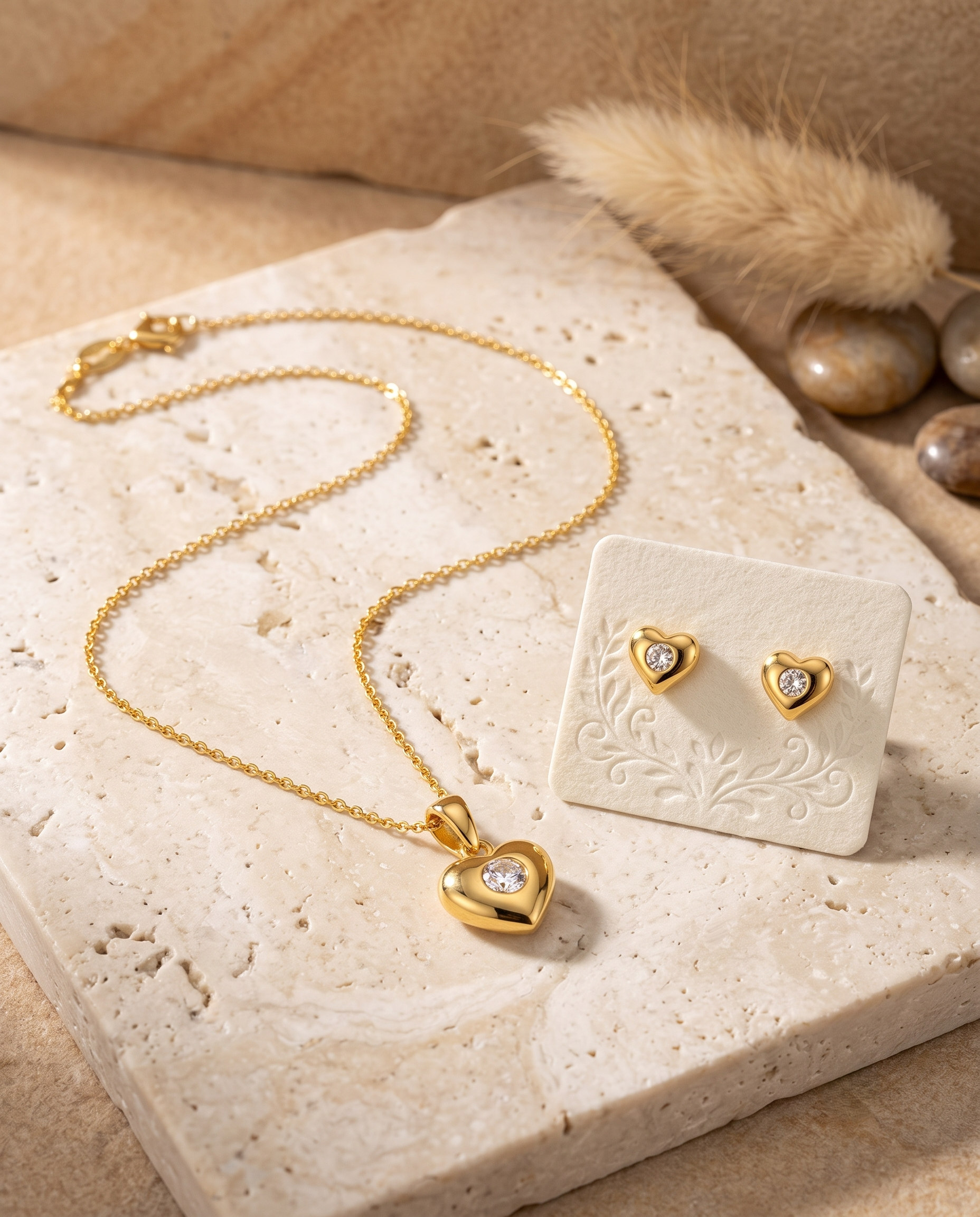 Gold Heart Pendant Necklace & Stud Earrings Set for Women | Crystal Gold-Plated Jewelry Set