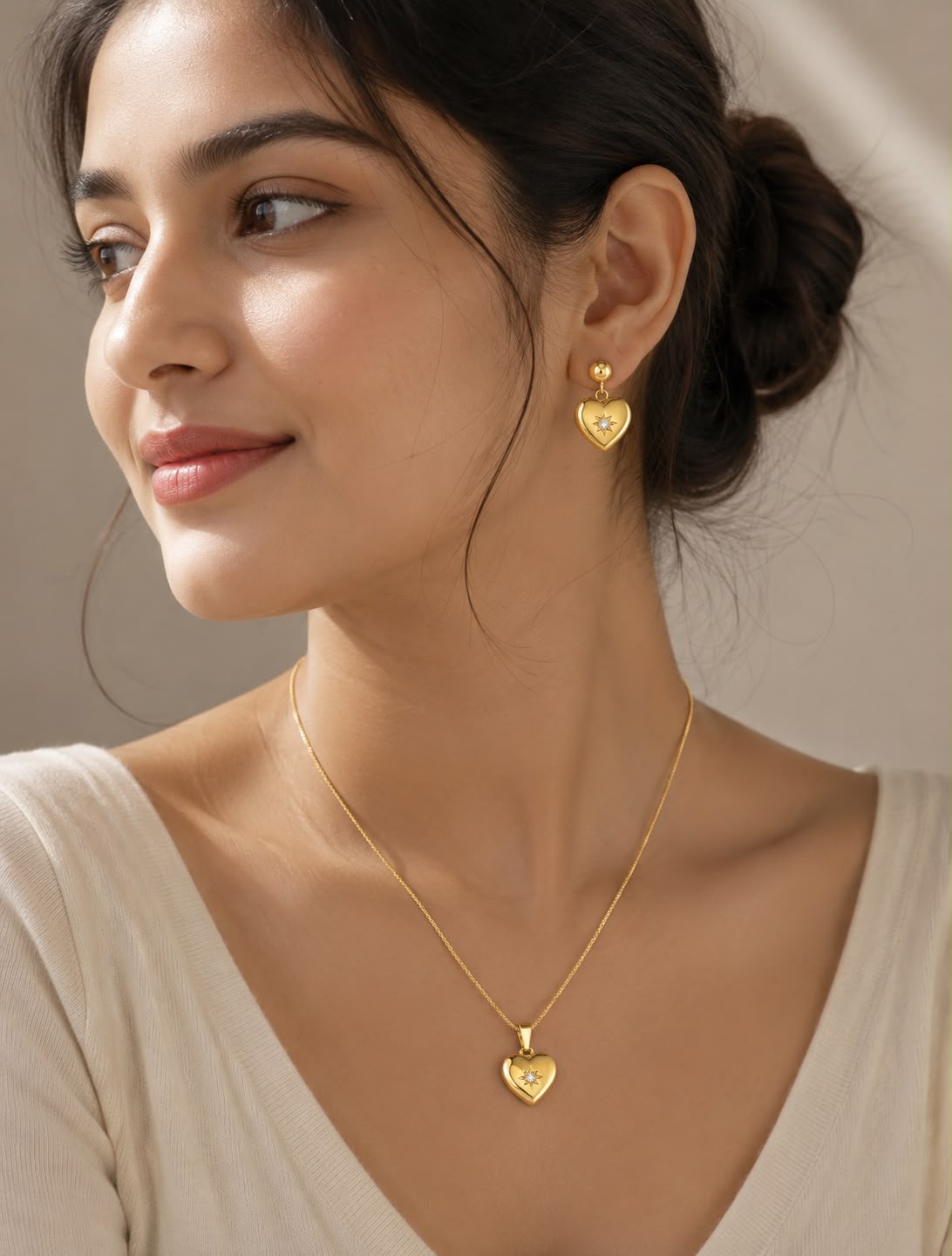 Luxury Gold Heart Pendant Necklace & Earrings Set for Women | Gold-Plated Crystal Jewelry Set