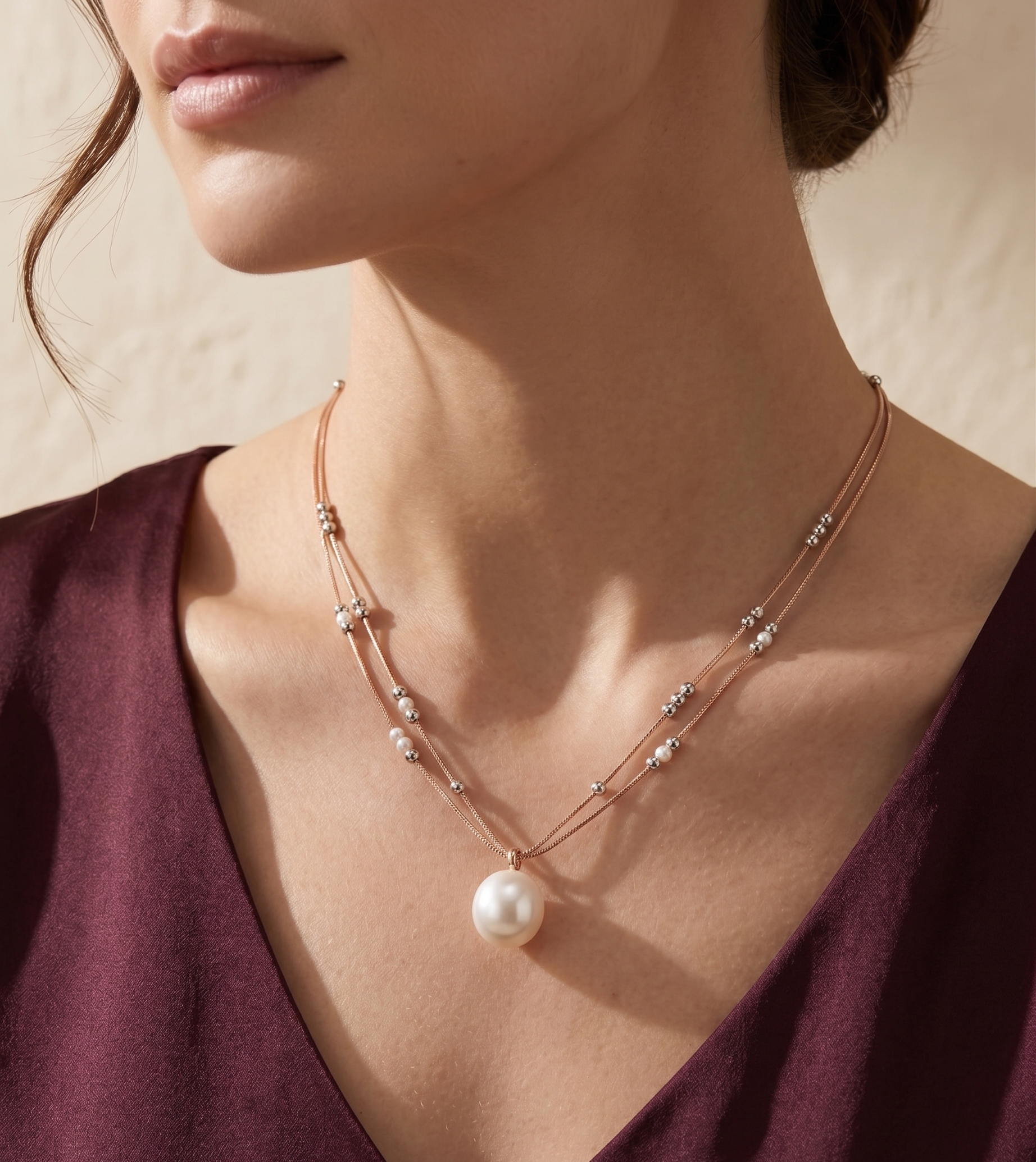 Large solitaire pearl double-strand necklace by Prifine featuring elegant pearl beads and classic design.