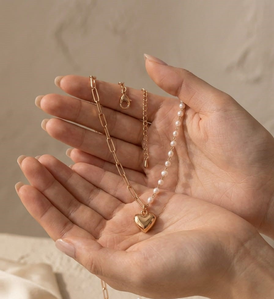 Prifine dainty necklace with a half pearl and half paperclip heart pendant, elegant jewelry for stylish accessories.