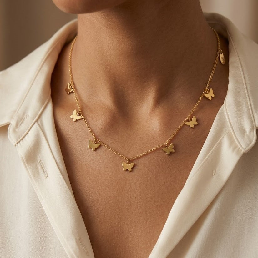 18K Gold Plated Multi Butterfly Charm Dangle Necklace | Dainty Solid Butterfly Drop Fringe Chain for Women