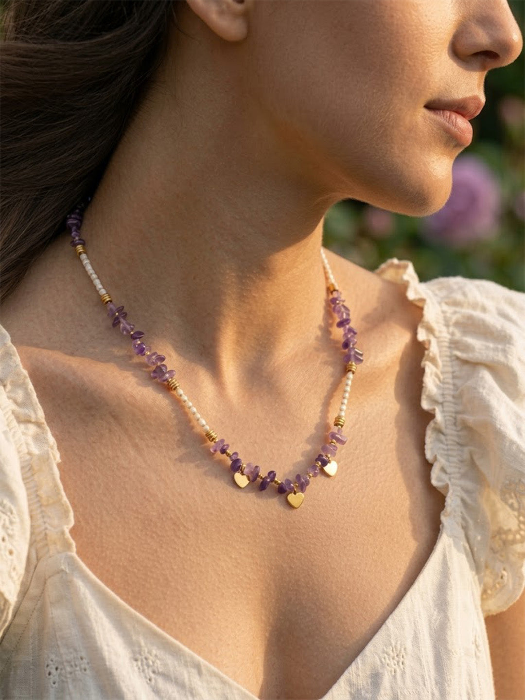 Boho Amethyst Crystal & Triple Heart Pendant Necklace – Tarnish-Resistant Stainless Steel