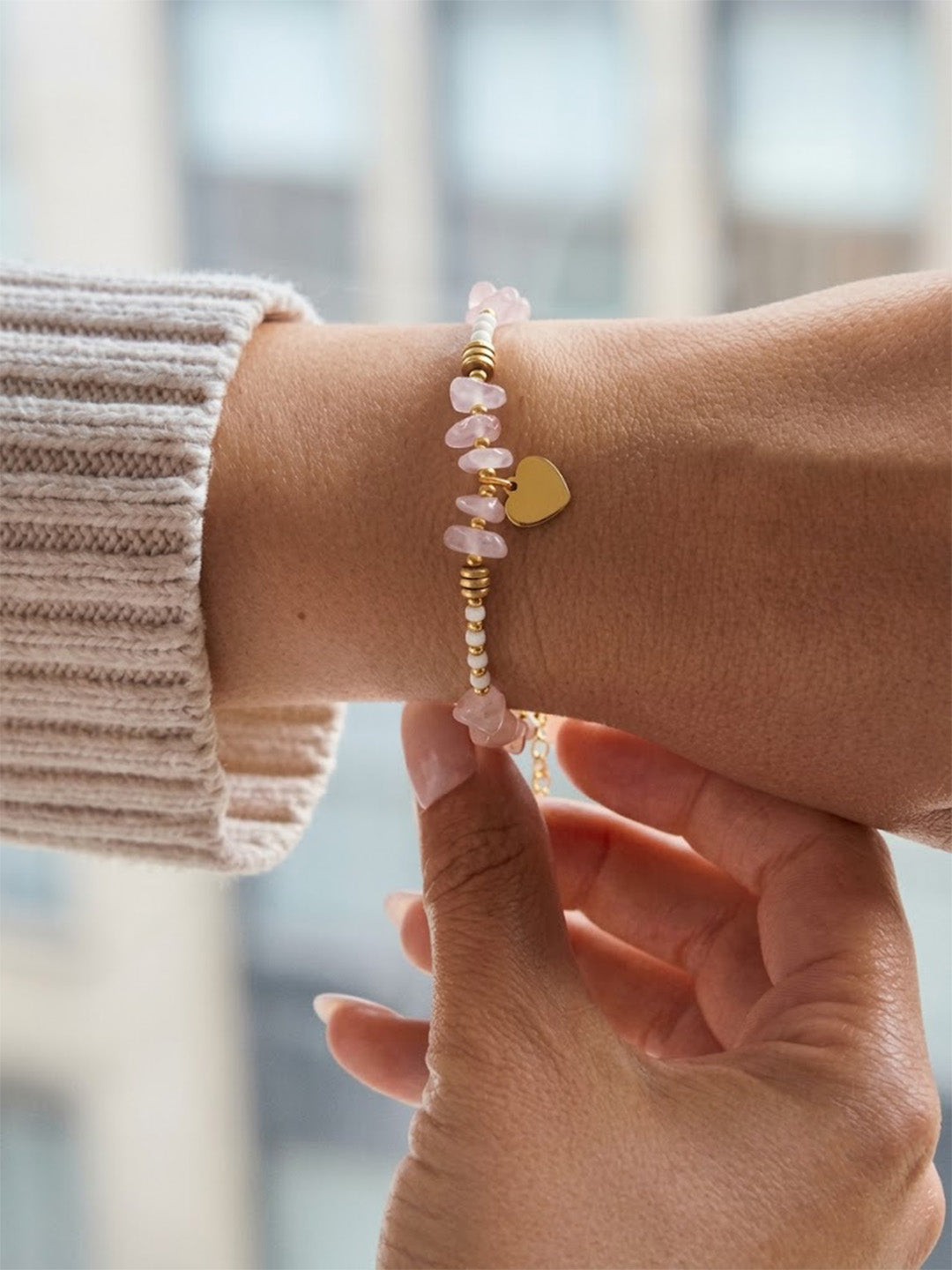 Boho Light Pink Rose Quartz & White Seed Bead Bracelet – Tarnish-Resistant Summer Wristwear