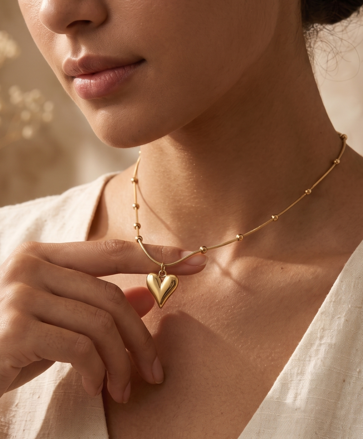 Gold Heart Pendant Necklace – 18K Gold Plated | Elegant Beaded Chain Necklace