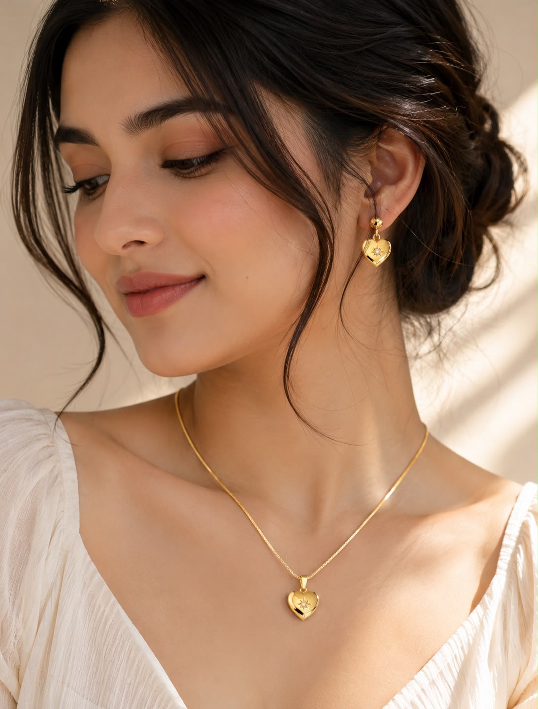 Luxury Gold Heart Pendant Necklace & Earrings Set for Women | Gold-Plated Crystal Jewelry Set