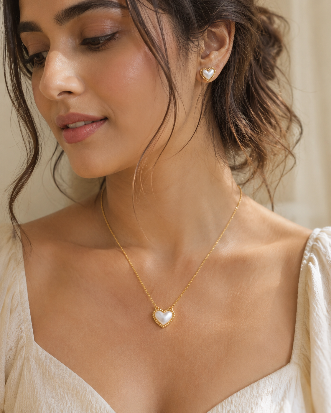 Gold Heart Necklace & Stud Earrings Set with White Pearl Accent | Elegant Gold-Plated Jewelry for Women