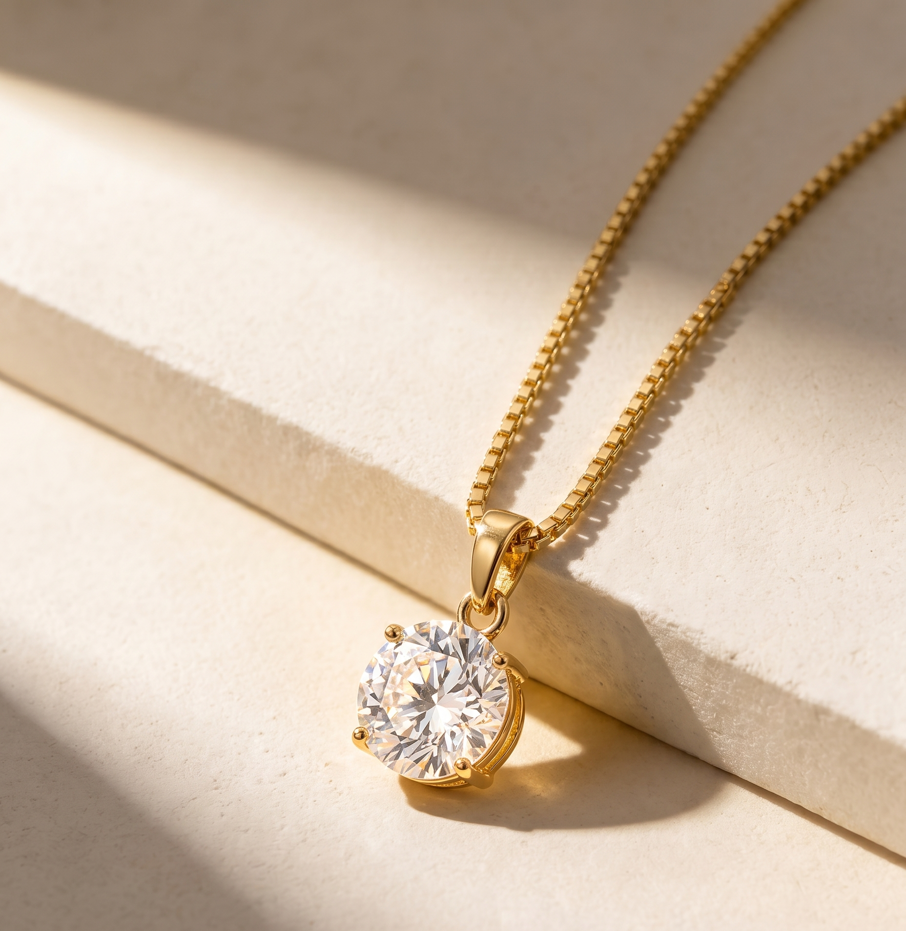 Round Solitaire Crystal Pendant Necklace & Stud Earrings Set for Women | Gold-Plated Jewelry Set