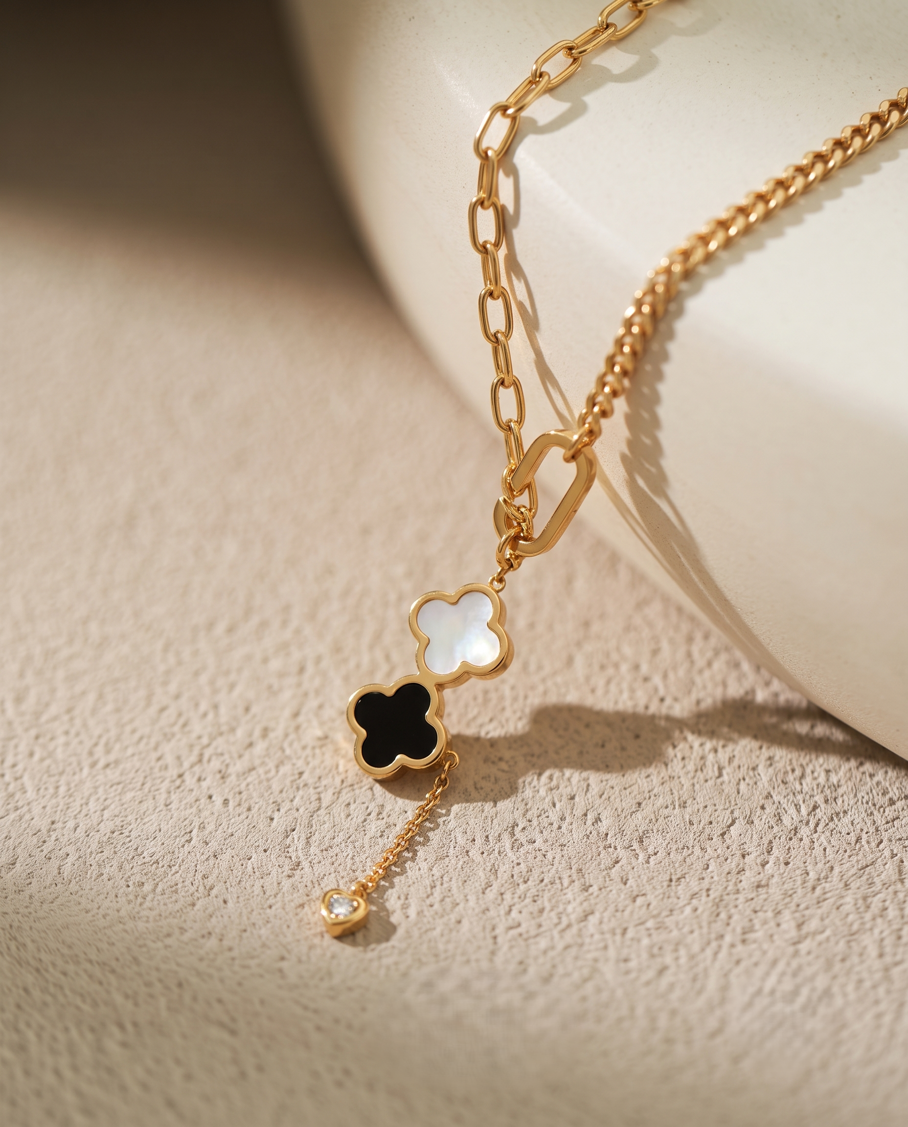 Elegant Clover Charm Gold Necklace for Women | Black & White Clover Pendant | Anti-Tarnish | Premium Gold-Plated Necklace
