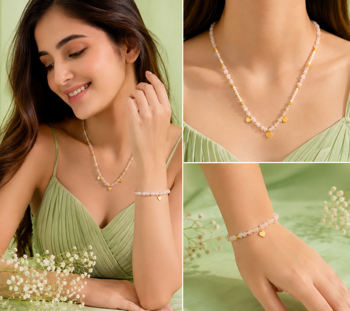Rose Quartz Heart Charm Jewelry Set – Natural Stone Necklace, Bracelet & Earrings | Gold-Plated | Anti-Tarnish | Waterproof