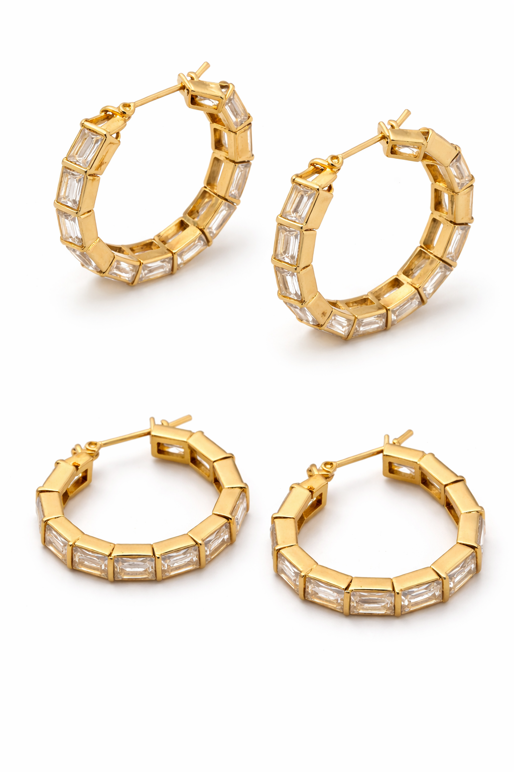 Prifine gold stone studded hoop earrings with embedded gemstones, showcasing a shiny, elegant jewelry design.