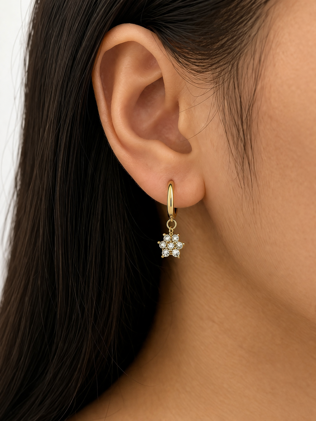 Prifine flower hoop drop earrings featuring delicate floral design and gold-tone finish, hanging from a sleek hoop style.