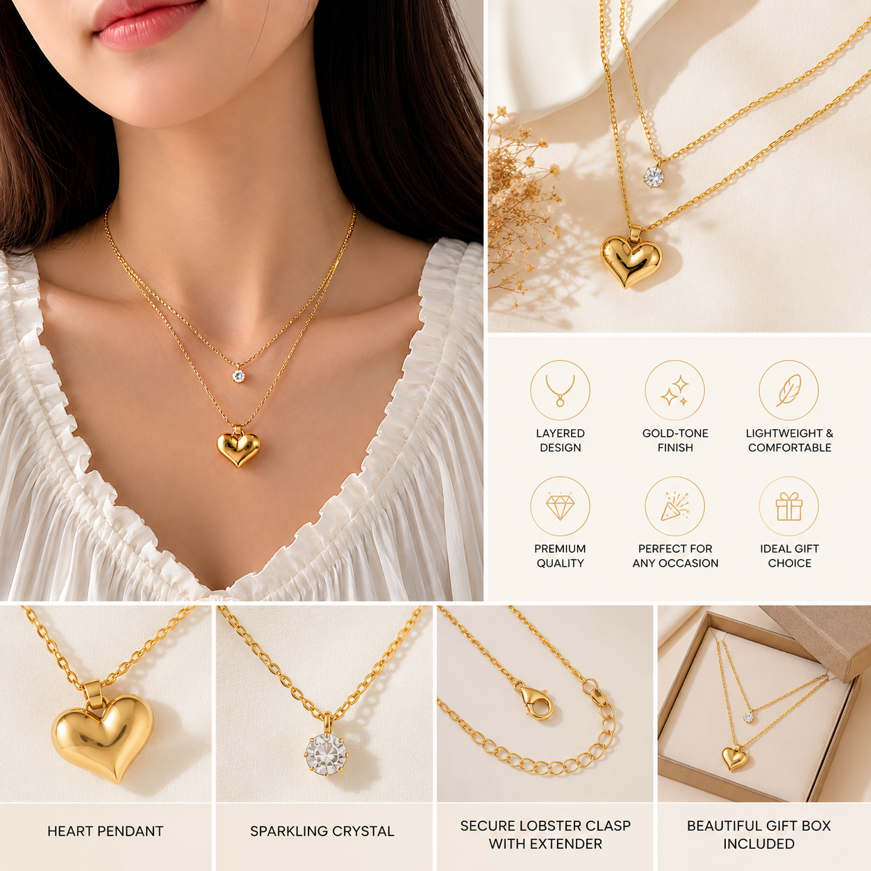Gold tone layered heart pendant necklace by Prifine featuring multiple delicate chains and a stylish heart charm.