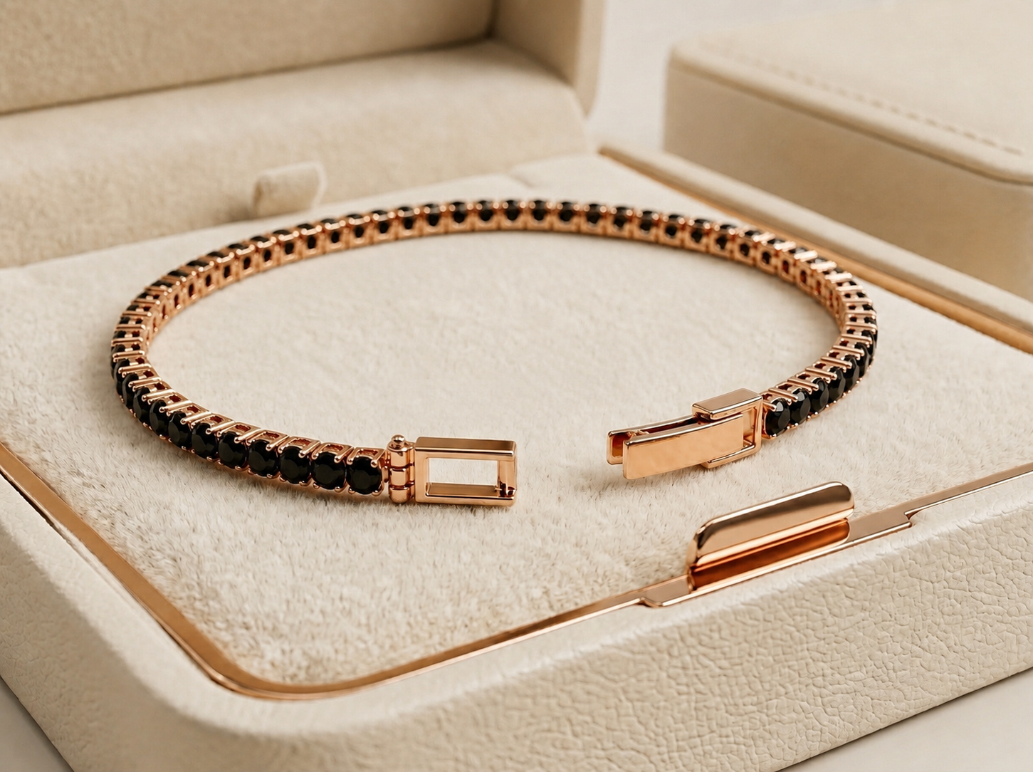 Prifine 18k gold-plated black spinel tennis bracelet with sparkling black gemstones on a delicate chain.
