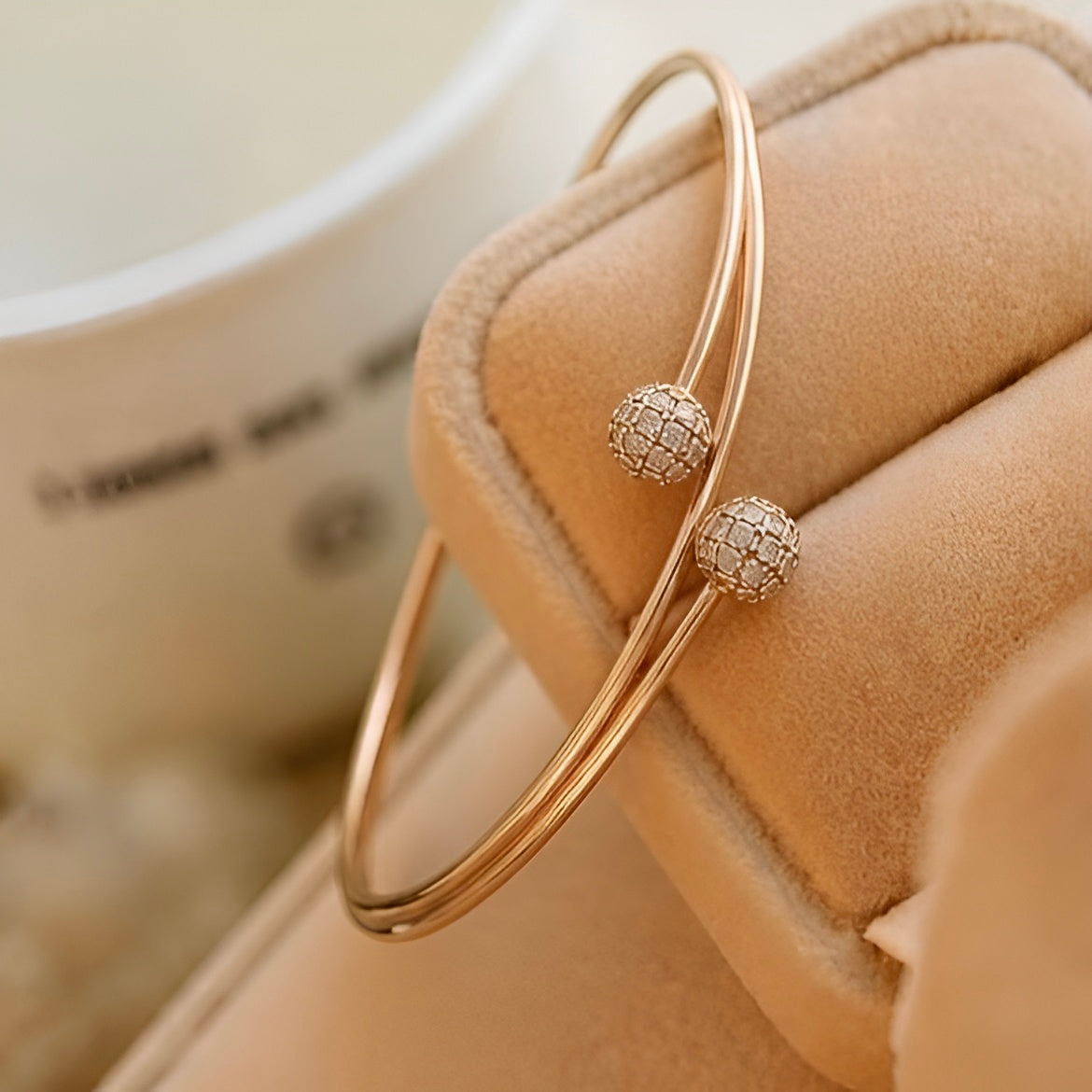 Prifine Twin Sphere open bangle in 18K gold plating with sleek, minimalist design and smooth spherical accents.
