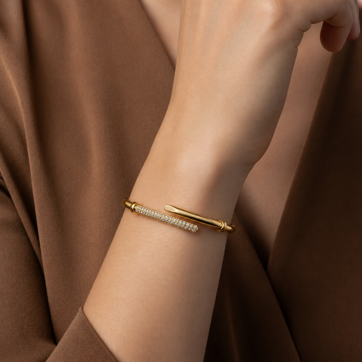 Prifine 18K gold-plated dual-path pave open bracelet featuring intricate pave detailing and sleek open design.