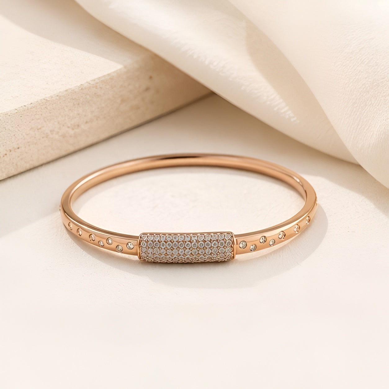 Prifine Dazzling Horizon pave bracelet in 18K gold featuring sparkling stones and intricate design, worn on a woman&