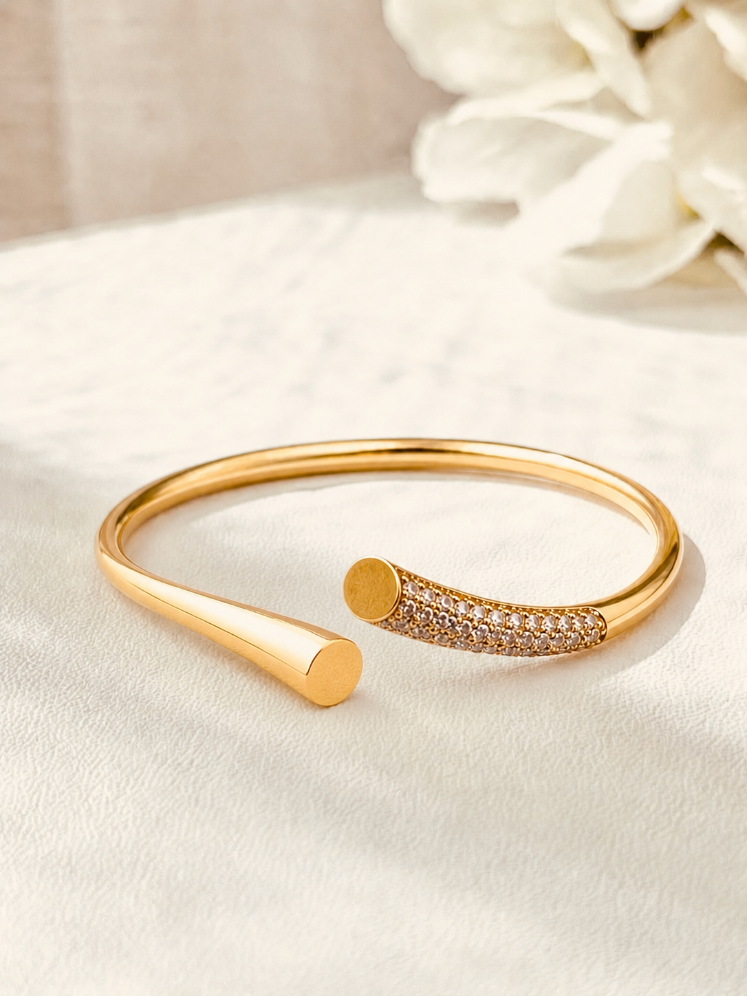 Elegant gold open cuff bracelet for women by Prifine, showcasing a sleek and stylish accessory on a white background.