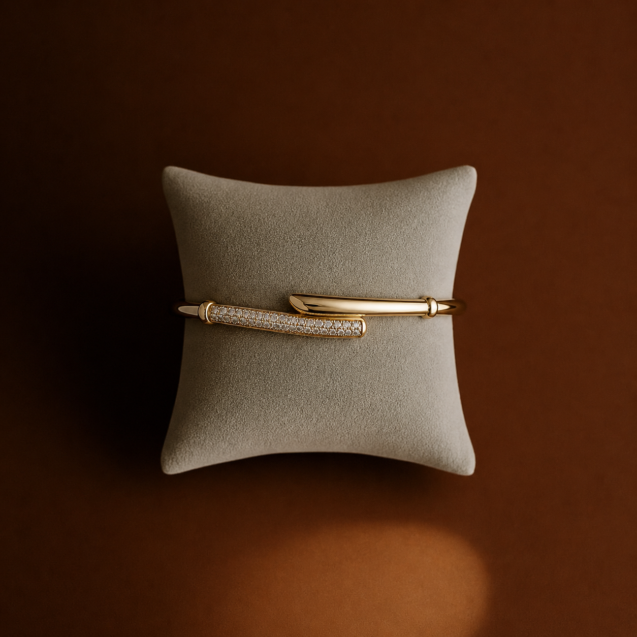 Prifine dual-path pave open bracelet in 18K gold plating, featuring intricate pave design and sleek open style.