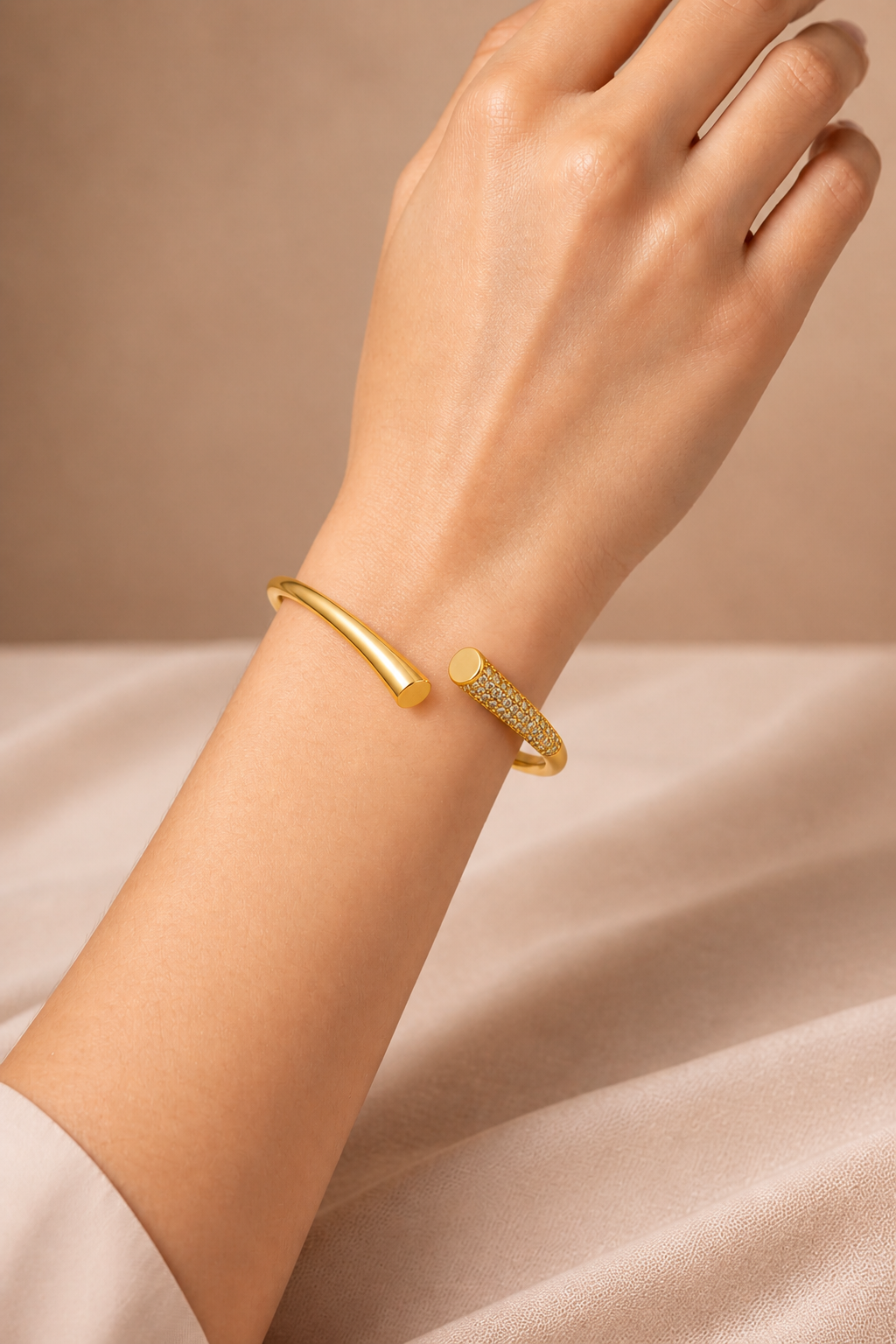 Elegant gold open cuff bracelet for women by Prifine, featuring a sleek and minimalist design on a white background.