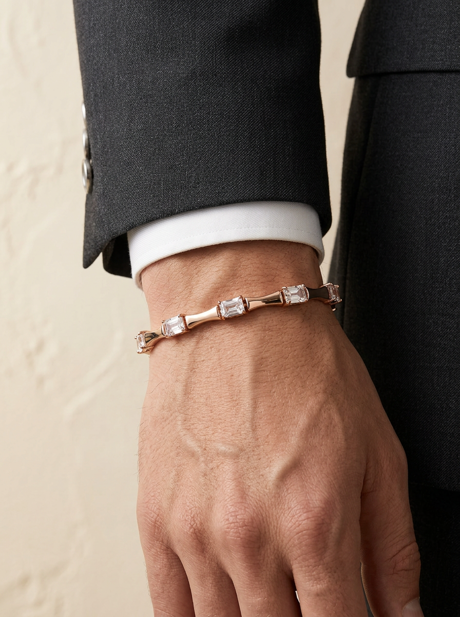 Prifine 18k gold-plated mixed geometric station bracelet with various shapes and sleek design on a white background.