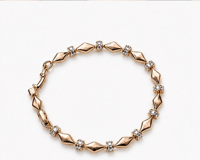 Prifine 18k gold-plated diamond-shaped station bracelet with elegant chain design and sparkling accents.