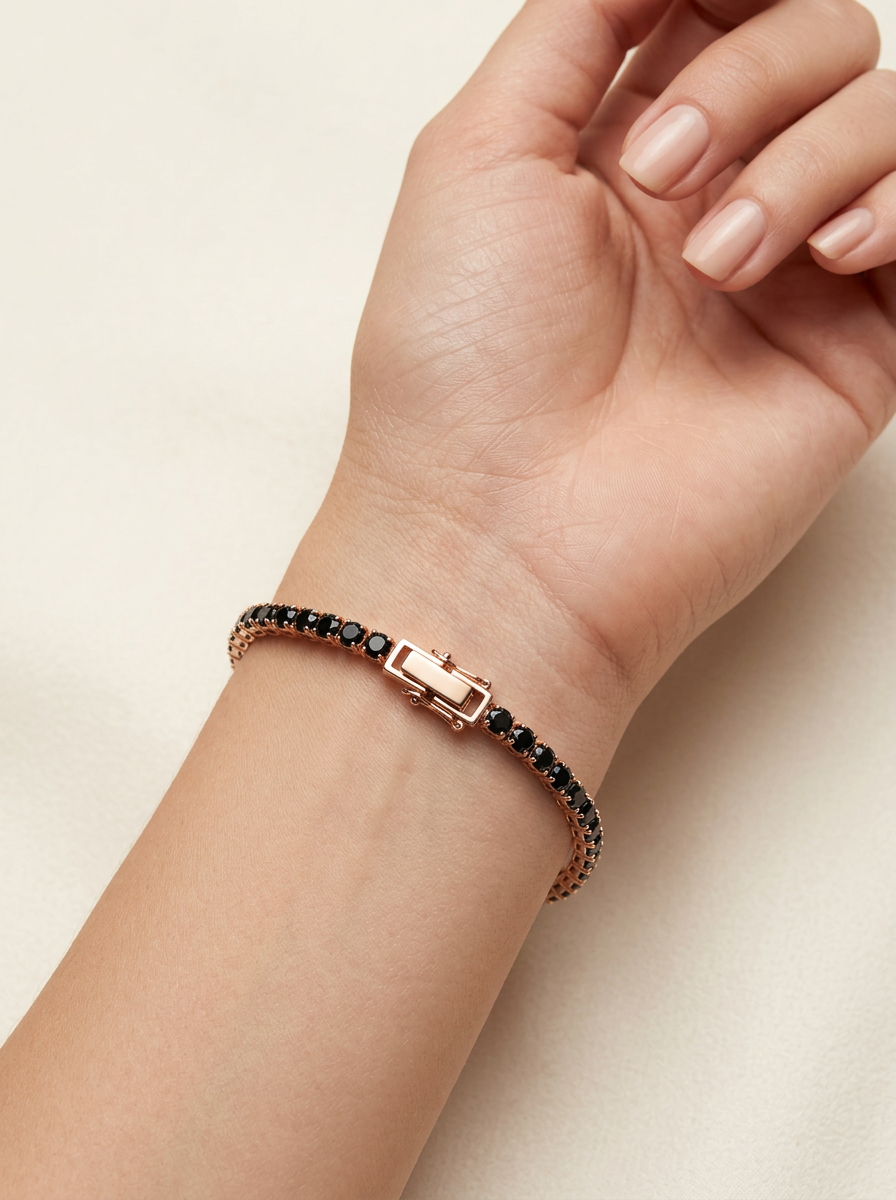 Prifine 18k gold-plated black spinel tennis bracelet showcasing sparkling black spinel stones on a delicate gold chain
