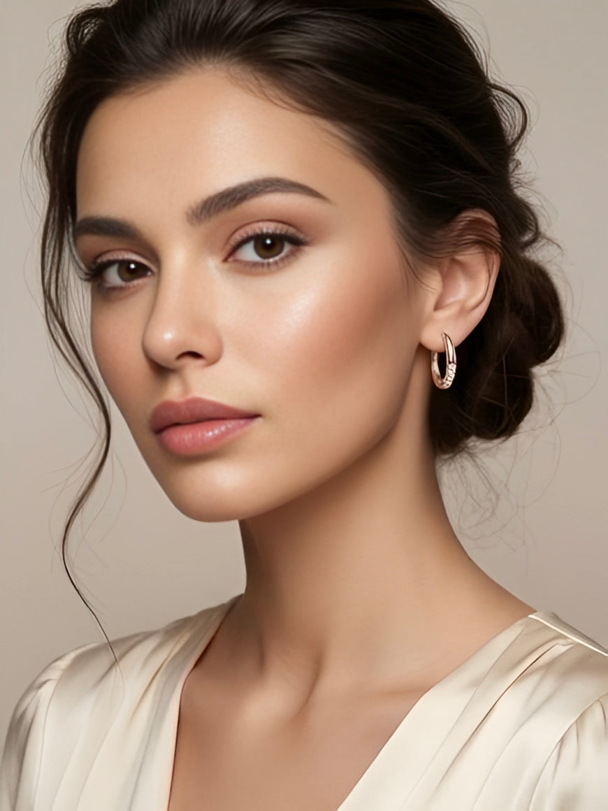 Prifine rose gold shimmer hoops earrings with a shiny, reflective finish and classic hoop design, ideal for stylish accessories.
