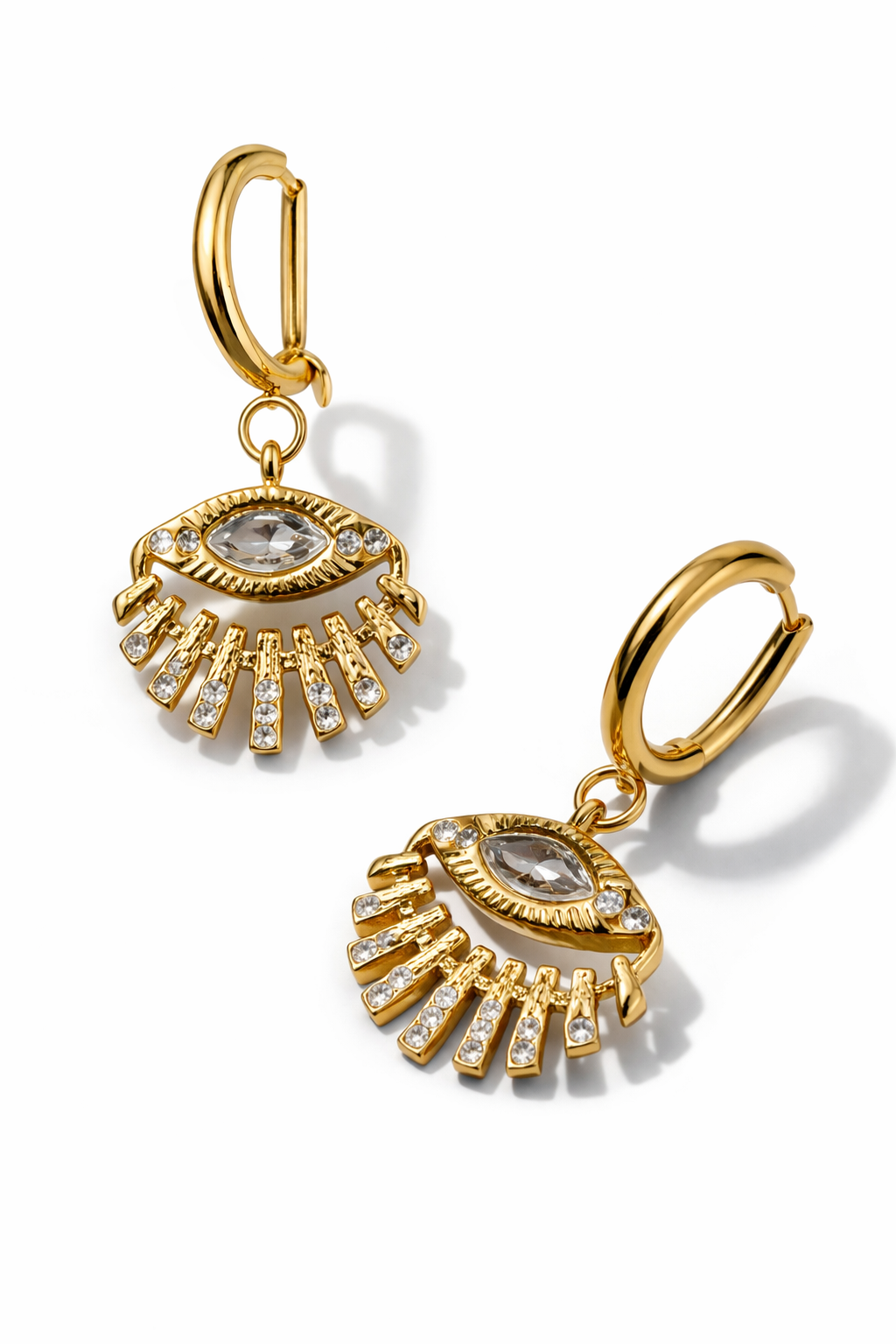 Gold plated evil eye earring by Prifine featuring a stylish design with a vibrant blue eye charm and sleek gold finish.