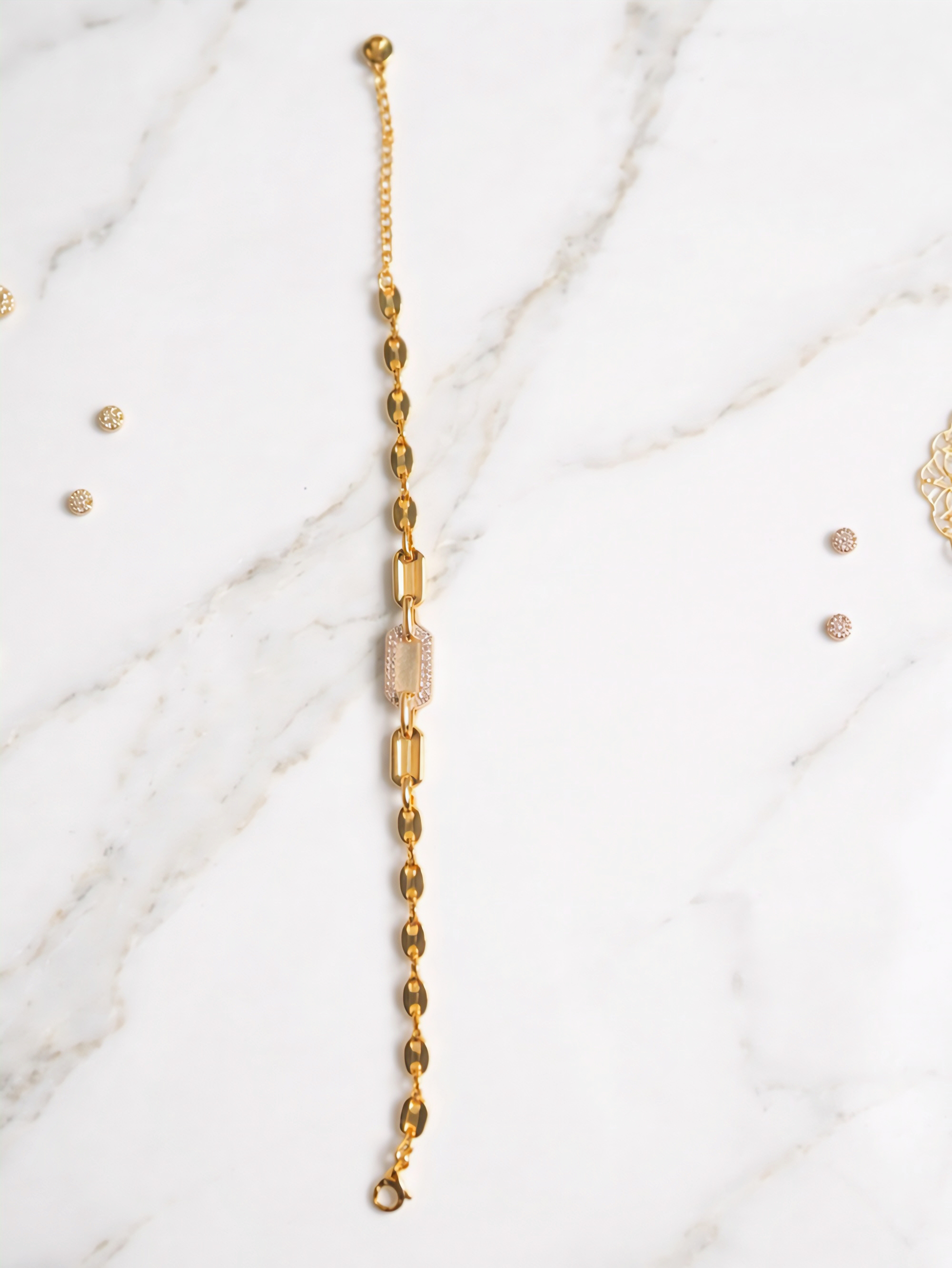 Prifine 18K gold plated oval link bracelet featuring a crystal rectangle charm, elegant jewelry accessory.