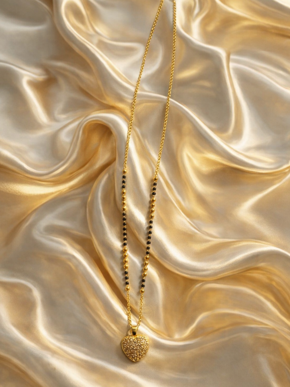 Golden heart charm mangalsutra with intricate design and black bead accents, crafted by Prifine, on a traditional Indian jewelry chain.