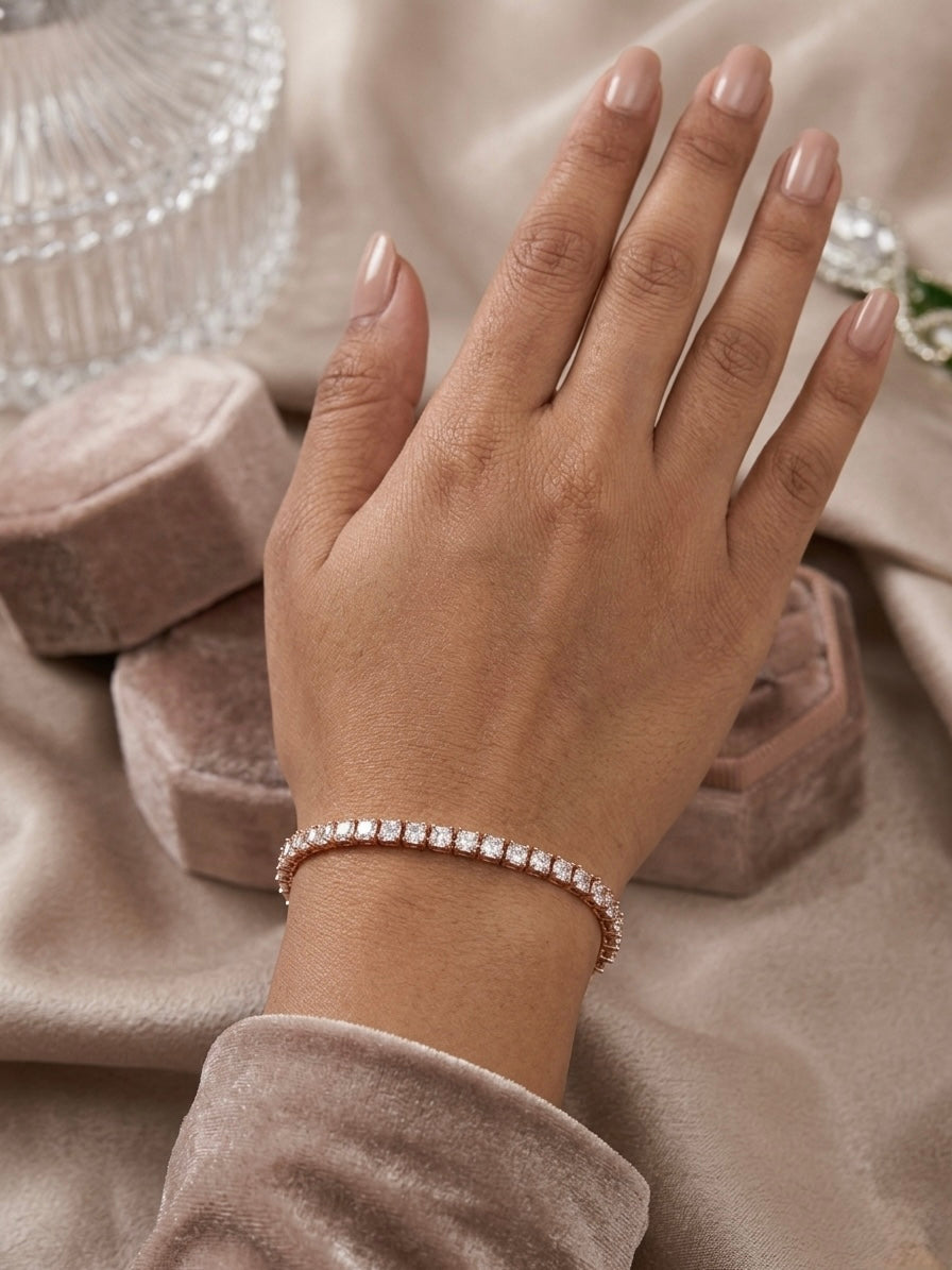Prifine Gold Radiance Tennis Bracelet featuring sparkling gold links and elegant design on a white background.
