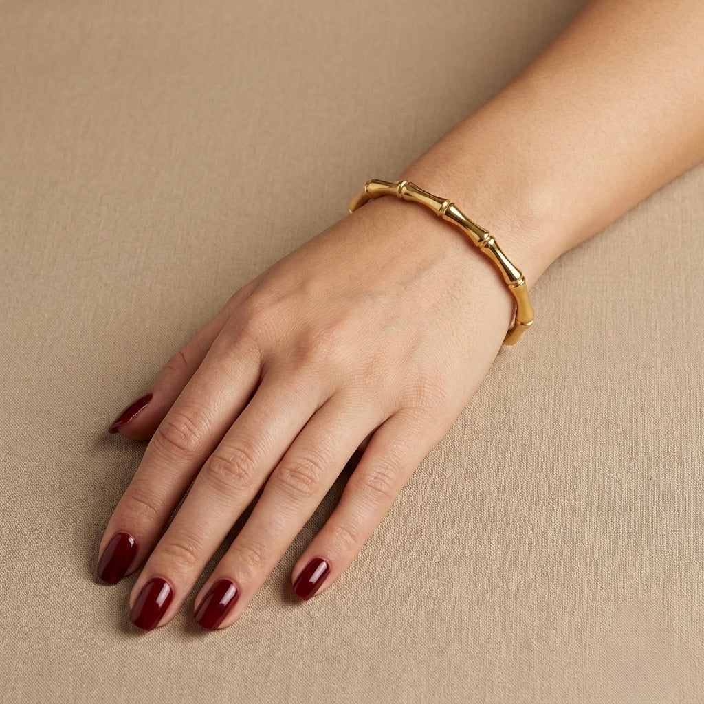 Prifine golden bamboo bracelet featuring natural bamboo beads and a sleek gold-tone finish, stylish and lightweight accessory.