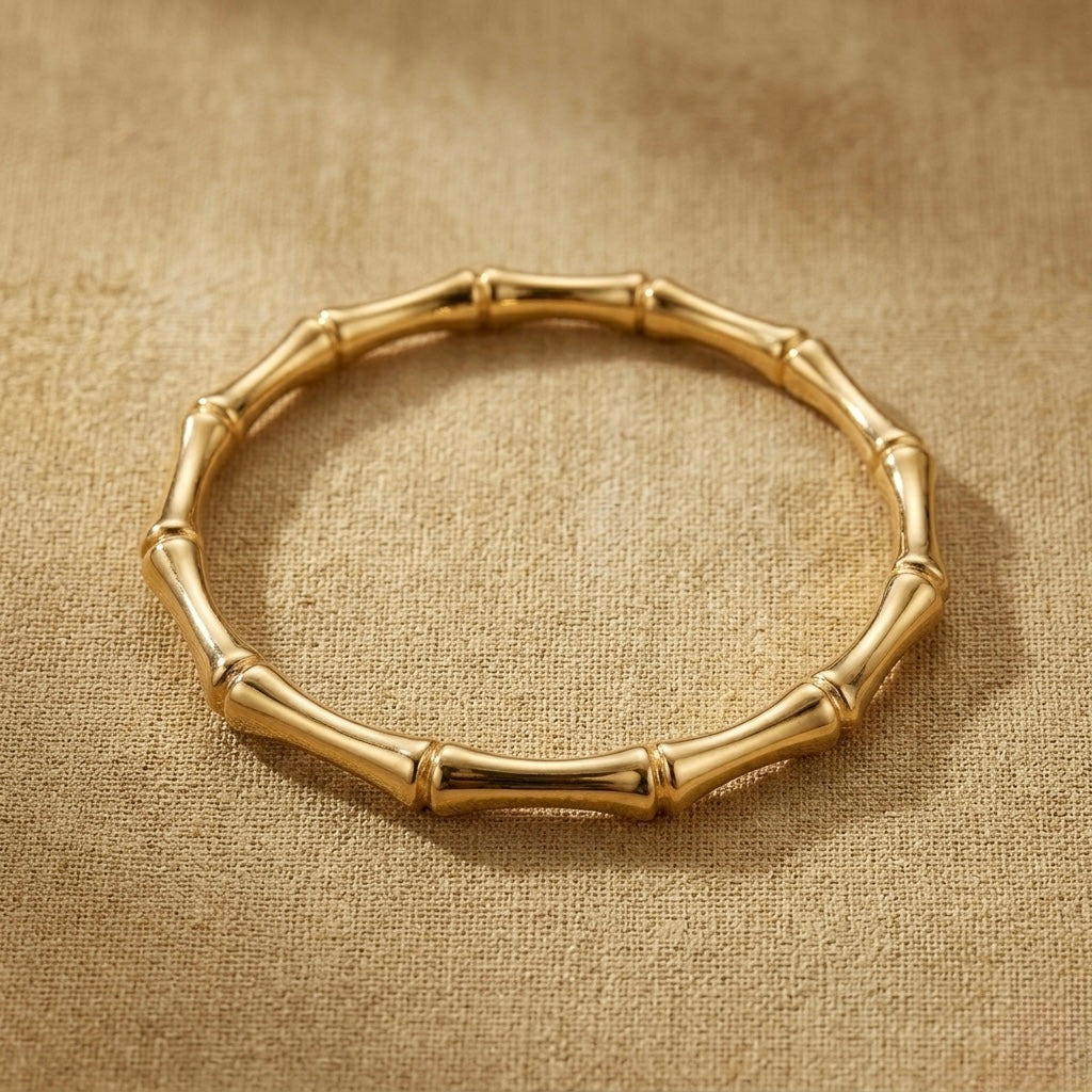 Golden bamboo bracelet by Prifine featuring natural bamboo beads and adjustable cord for a stylish, eco-friendly accessory.