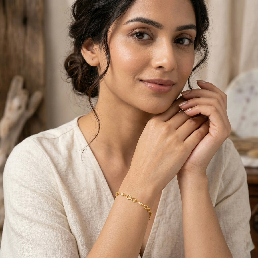 Prifine Infinity Multiwear Gold Bracelet featuring a sleek, adjustable design with infinity symbol accents on a delicate gold chain.