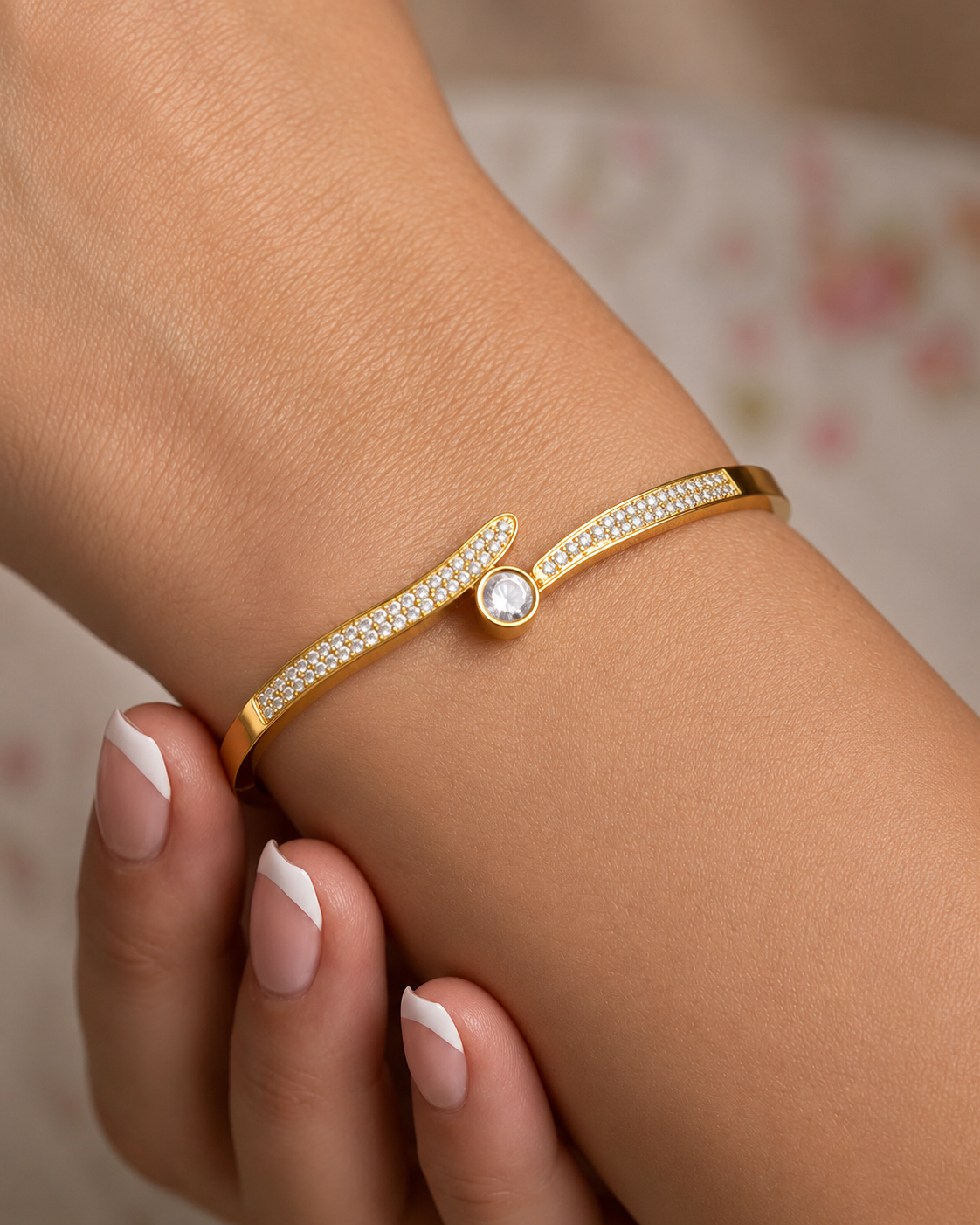 Prifine Radiant Sparkle 18K gold vermeil cuff bracelet with diamond accents, open design, elegant and modern jewelry piece.